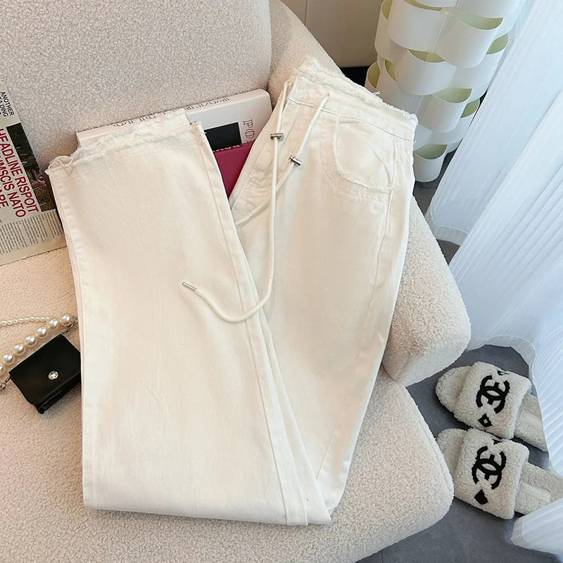 Bomon Design Waist Drawstring Adjustable Jeans For Women In Spring High Waist Loose Slim White Jeans Wide Leg Mopping Pants