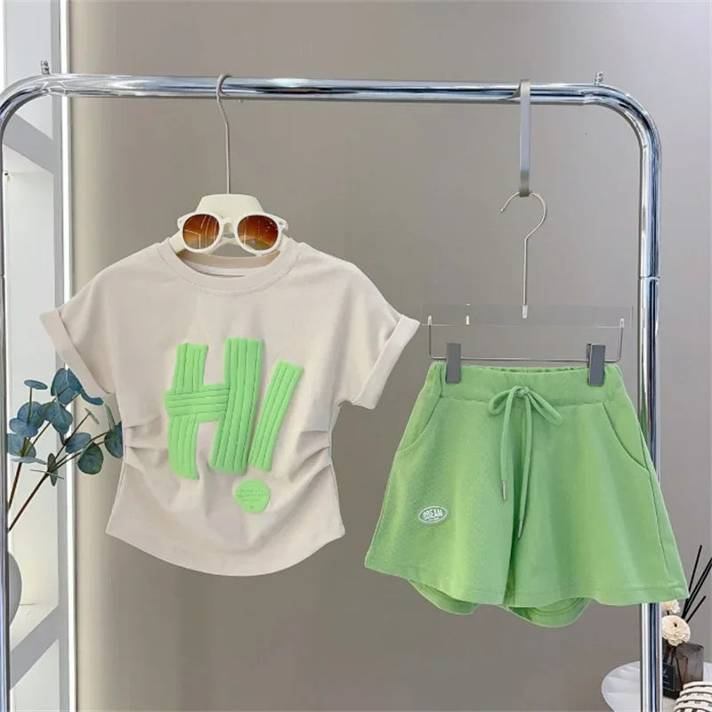 Girls Clothes Sets 2024 Summer Children Short-sleeved Suit Teenage Girls Letter T-shirt Shorts Tracksuit Outfit Clothing Set