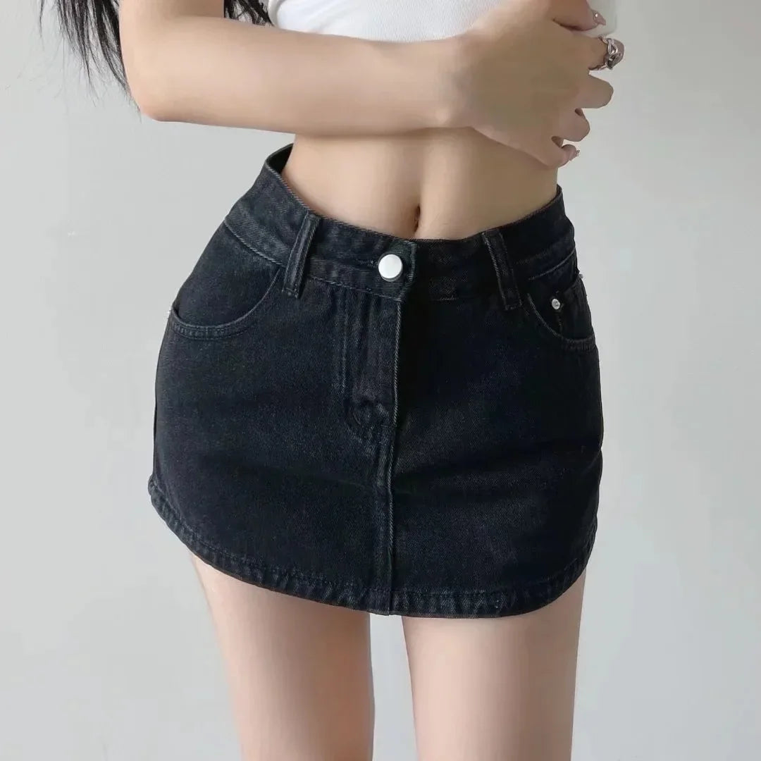 New Summer High-Waisted Mini Dress Women's Denim A- Skirt With Bottoming Pants Casual Fashion Female Curve-Hugging Bottom Skirt