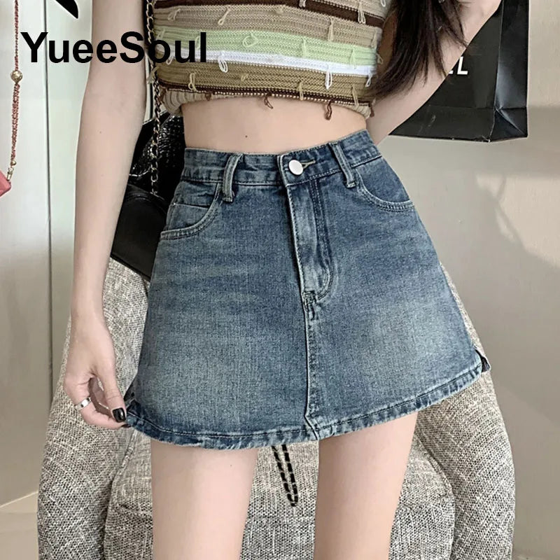 Blue Denim Skirt  A-Line High Waist Mini Skirt 2024 New Summer Y2K 2000s High Street Sexy Kawaii Cute Skirts for Women