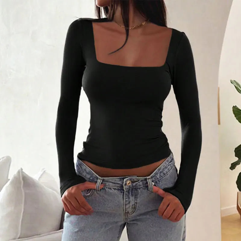 Women T-shirt Autumn New Sexy Low Chest Solid Elegant T-shirt Streetwear Fashion Long Sleeves Casual Slim Versatile Female Tees