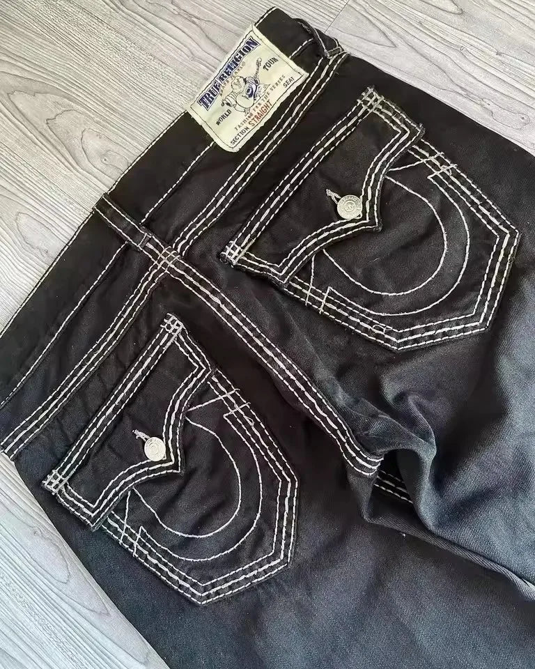 Retro American Jeans Cintura Alta Y2K Calças Jeans Hip Hop Gótico Bolso Bordado Azul Jeans Largo Mulheres Lazer Streetwear