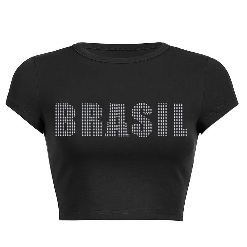 Aesthetic Women Letter Embroidery Gothic Crop Top Streetwear Baby Tee Vintage Casual Short Sleeve Street Clothes Hip Hop