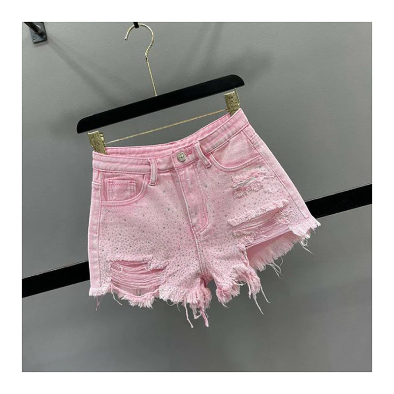 Shorts jeans com borlas perfuradas e bordas cruas para mulheres 2024, tendência de calças quentes de cintura alta e perna larga em linha A para meninas picantes