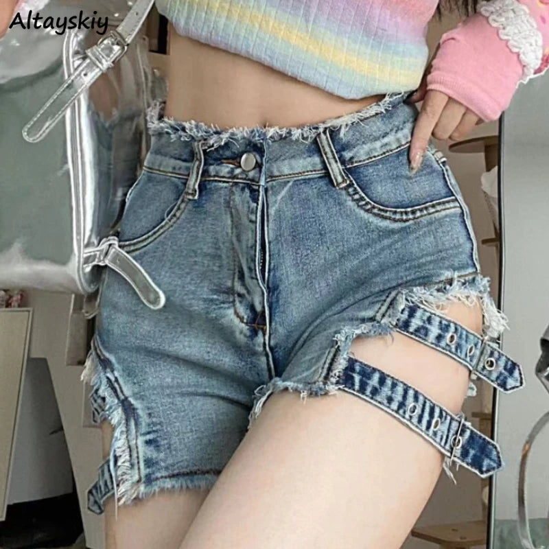 American Women Blue Denim Shorts Hot Sexy Bandage Hollow Out Retro High Waist Streetwear Punk Chic Lovey Female Spring Summer