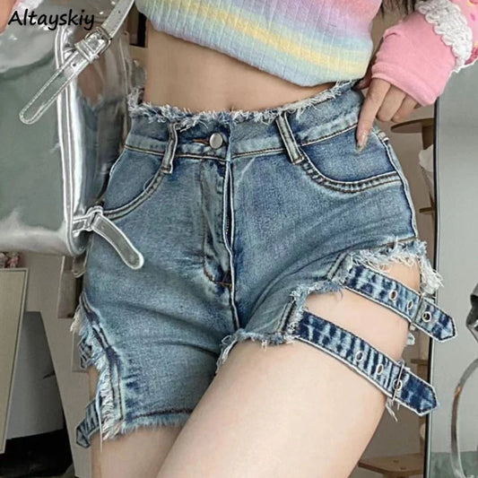 American Women Blue Denim Shorts Hot Sexy Bandage Hollow Out Retro High Waist Streetwear Punk Chic Lovey Female Spring Summer