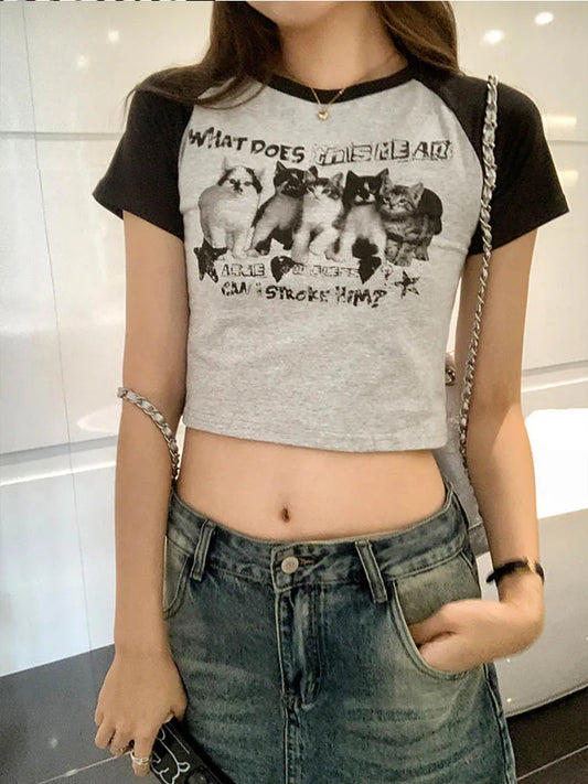 Camiseta feminina Y2k estampa slim gráfica verão moda coreana harajuku streetwear manga curta roupas estéticas