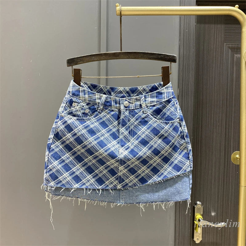 2024 Summer New Diamond Plaid Stitching Denim Skirt Women's Design Sense Niche A- Line Sheath Short Skirt