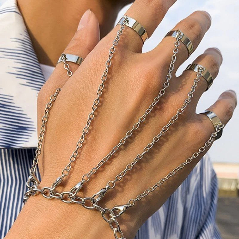 Metal Cool Cyberpunk Geometric Premium Feel Chain Wrist Rings Bracelet Charming Hip Hop Chain Open Rings Set Fashionable Jewelry