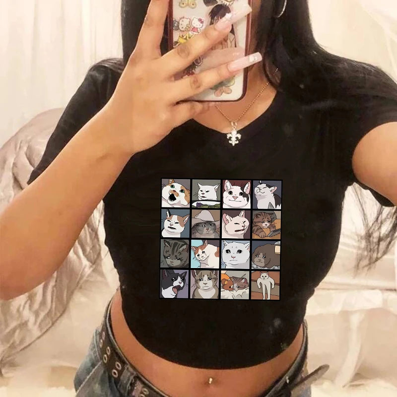 Women 2000s Sweet Funny Cat T Shirt Crop Top Women Shirt Cropped Ulzzang T-shirt 90s Tshirt Top Tee Female Gothic Shirt