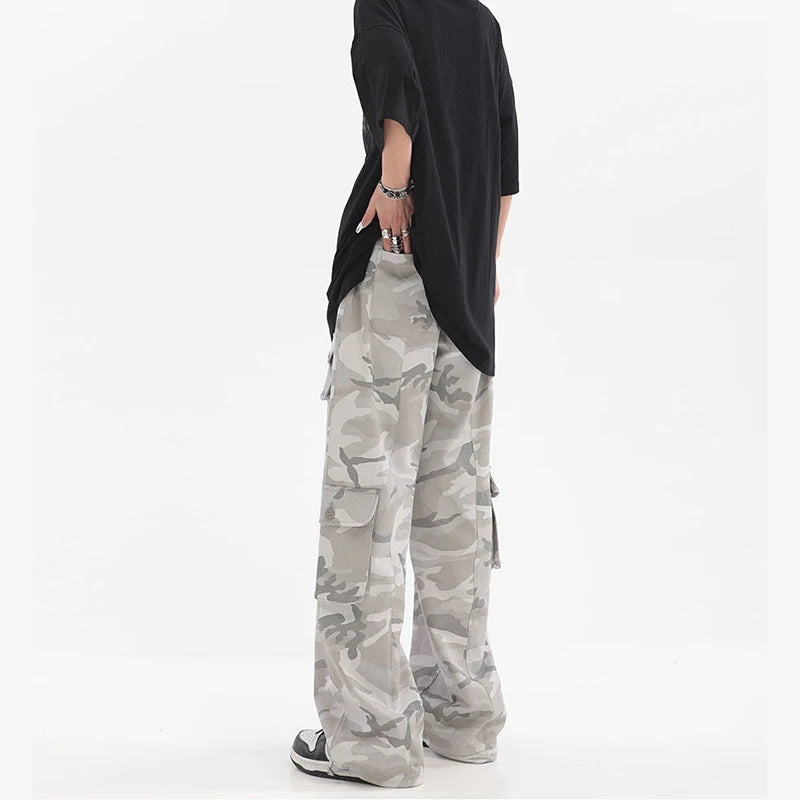 Calça cargo feminina hip hop cinza camuflada estilo americano Y2K calças largas largas retas soltas vintage calças de moletom casuais