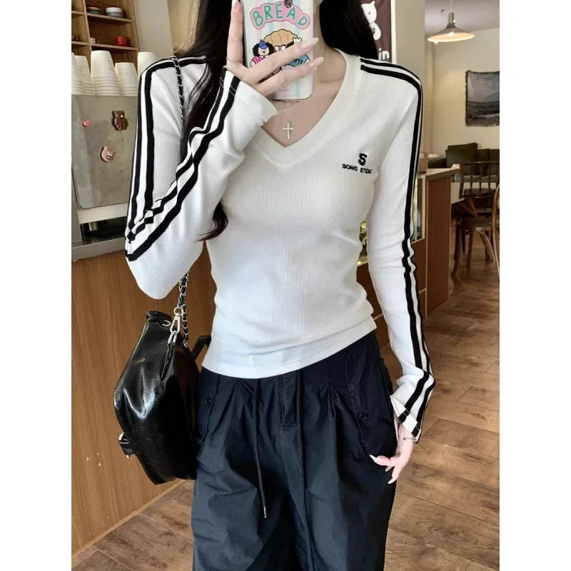 White Striped Long Sleeve T-Shirt 2024 Autumn New Slimming Letter Embroidery Slims You Smooths Your Silhouette Cropped Top