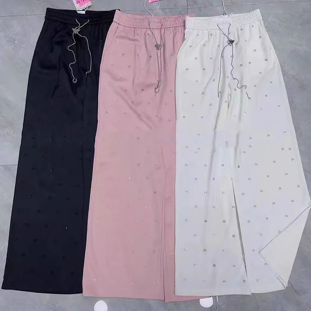 Acetic Acid Satin Hot Diamond Wide Leg Pants For Women's Summer Long High Waist Straight Trousers Ladies Elegant Slim Long Pants