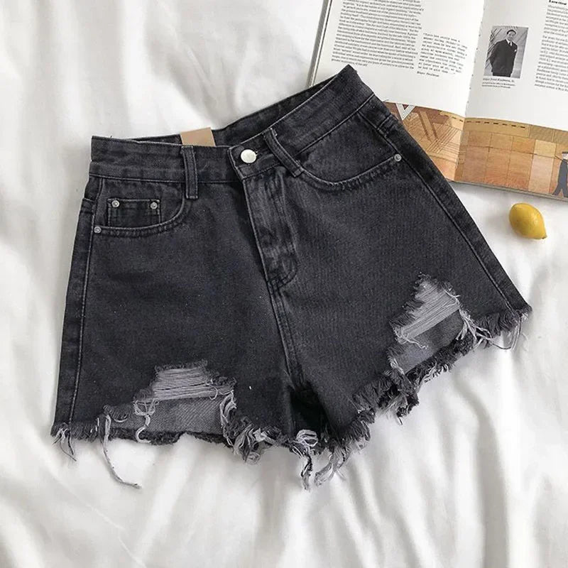 Moda Distressed Edge Cintura Alta Street Wear Mulheres Perna Larga Calças Quentes Verão Novos Shorts Jeans Casuais Femininos Estilo Coreano