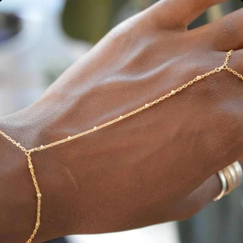 Dainty Hand Chain Bracelet Ring Gold Plated Handmade Link Chains Connecting Harness Bracelets Hand Jewelry for Women Trendy Gift