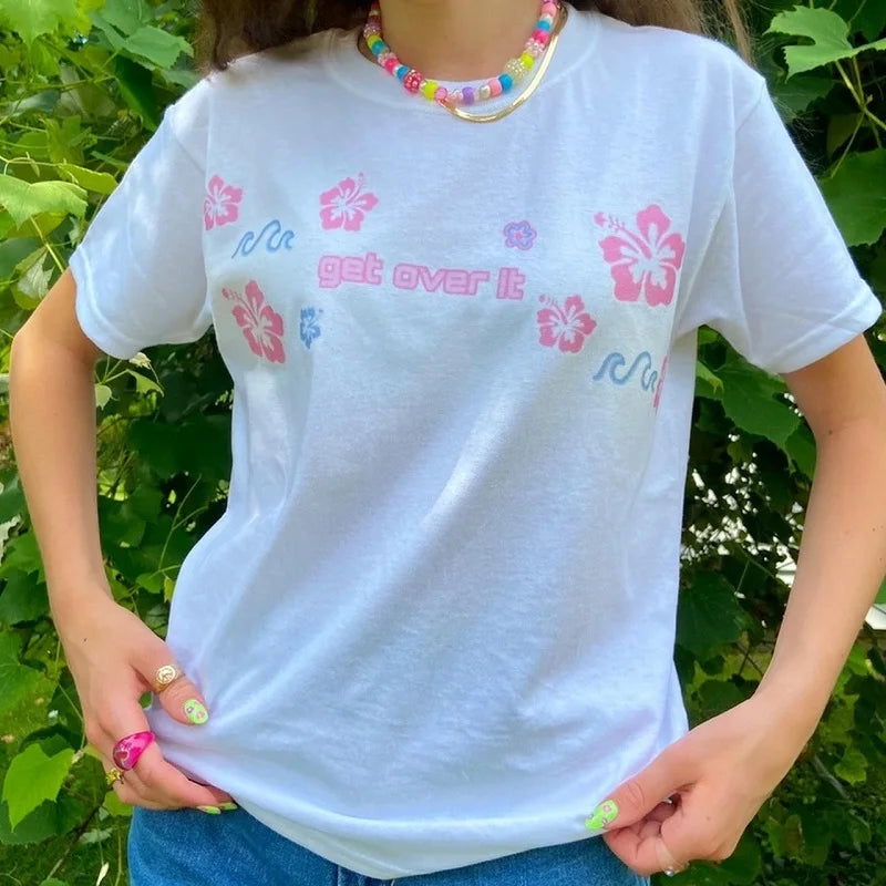 Aesthetic Women Flower Sweet Crop Top Streetwear Grunge Baby Tee 90s Vintage Casual Short Sleeve top Y2k Style Clothes T-shirt