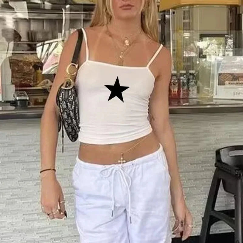 Colete feminino sem mangas com estampa de estrela, estilo retrô, fofo, lixo, roupa de rua, exposto, umbigo, Y2k, roupas góticas, sexy, espartilho apertado