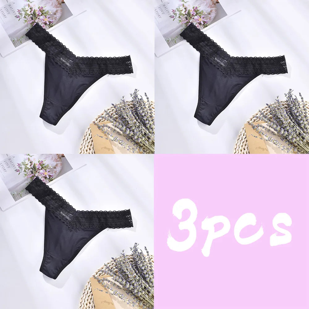 Women Intimate Solid Breathable Crotch Briefs Ice Silk T-back Thong Seamless Briefs Sexy LaceLingerie