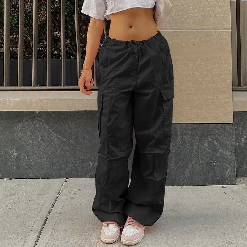 Women Cargo Pants Spring New Streetwear Solid Fashion Pockets Drawstring Trousers Casual Slim Versatile Knitted Lady Cargo Pants