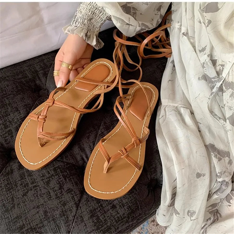 Women's Sandals Summer 2025 Ankle Strap Flip Flops Flat Beach Shoes Ladies Bohemia Casual Lace-up Gladiator Sandalias Mujer