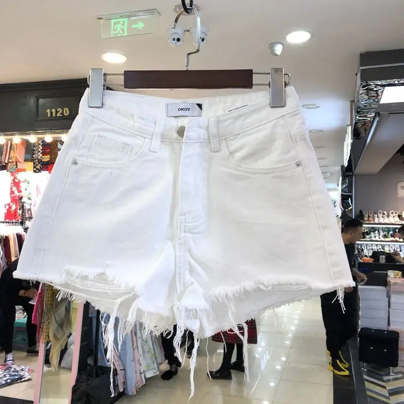 Shorts jeans coreanos de cintura alta com borda crua, femininos, verão 2024, básico, com bolso de botão, para todos os tipos de streetwear, shorts jeans