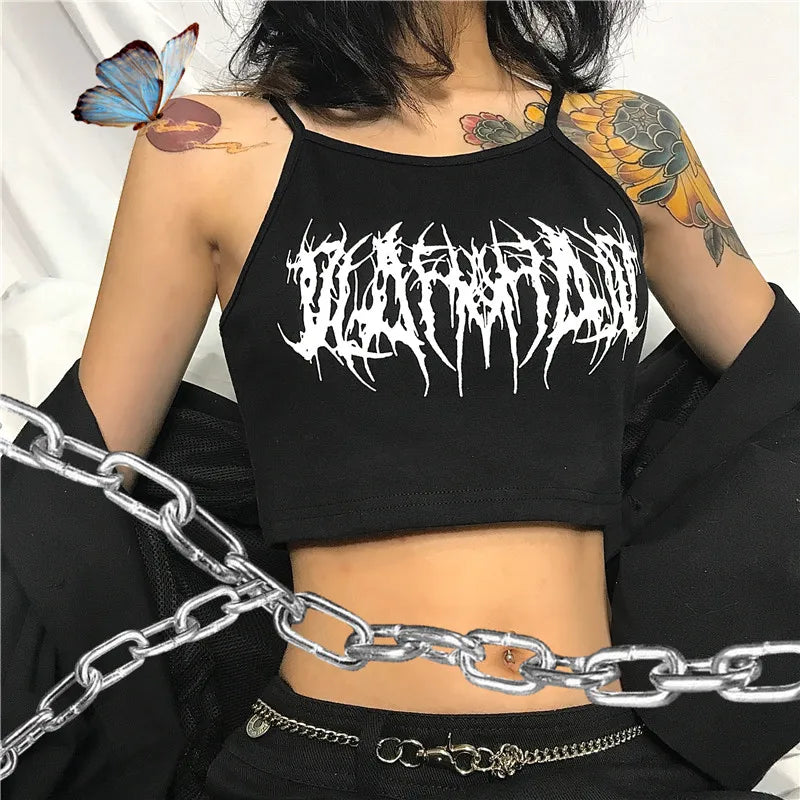 Y2k Goth Punk mulheres Halter gótico egirl Patchwork Sling top curto Sexy Cut Out Casual camiseta vestido gráfico preto roupas kpop