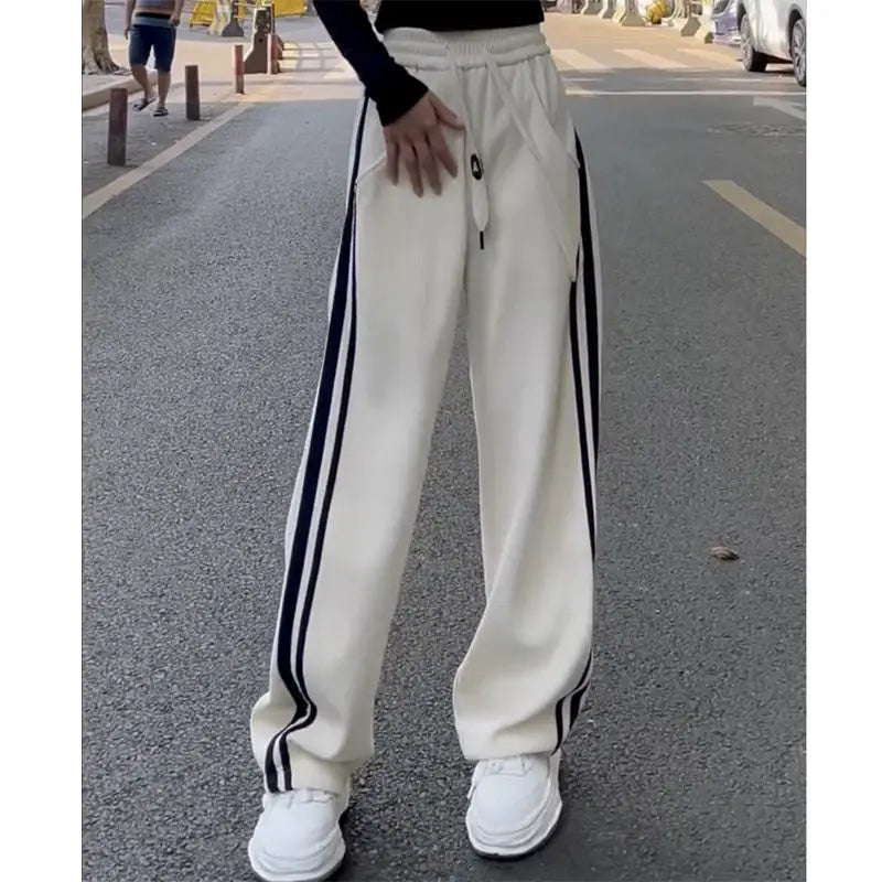 2023 Womens Summer New Solid Color Trousers Casual Drawstring High Waist Side Stripe Printing Patchwork Pockets Wide Leg Pants