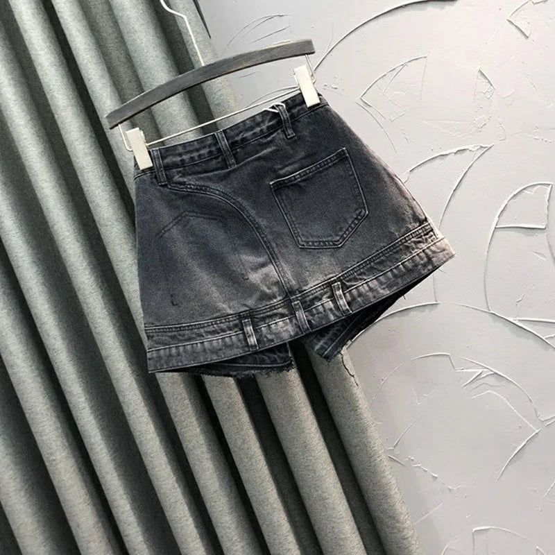 Shorts jeans europeu falso de duas peças, saia para mulheres, novo, elegante, patchwork, bolso, botão, linha A, perna larga, calças quentes