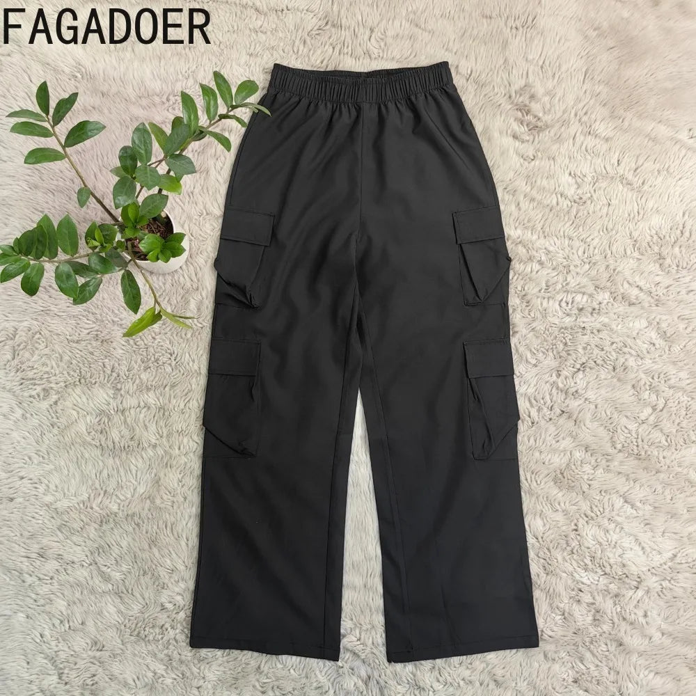 FAGADOER Black Casual Solid Color Pocket Straight Cargo Pants Women Elastic High Waist Slim Trousers Female Sporty Bottoms 2024