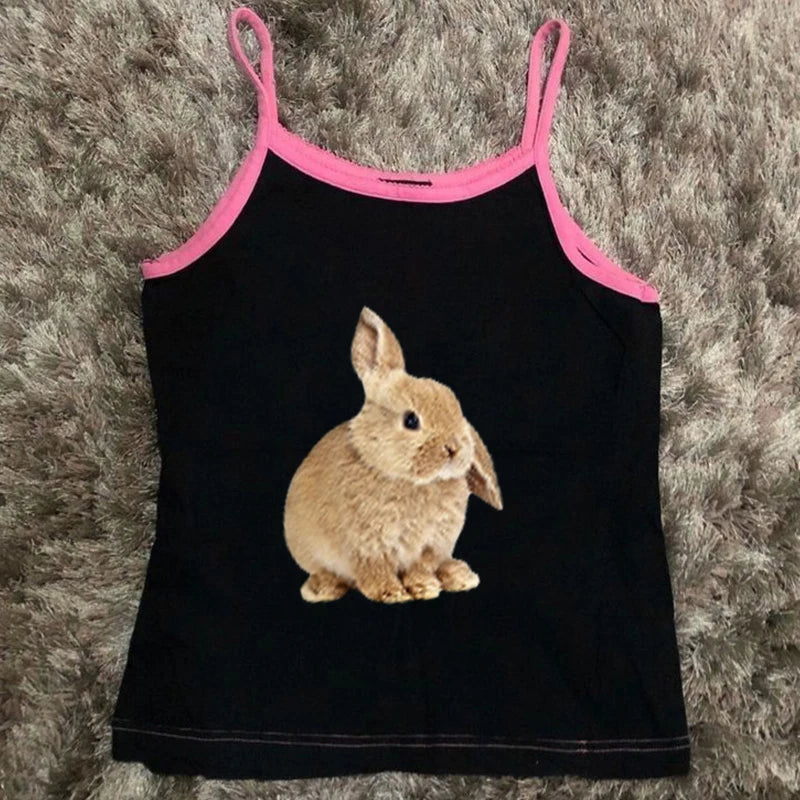 Cute sweet aesthetic Y2K women's sleeveless camisole streetwear casual punk rabbit pattern print vintage Harajuku summer shorts