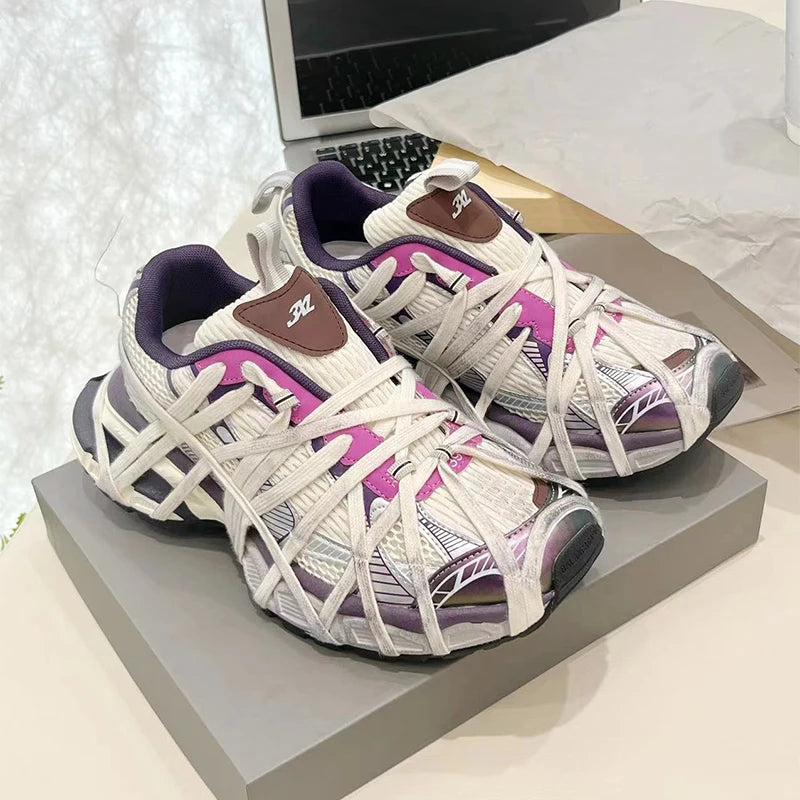 New Brand Couple Sports Shoes Multi-strap Brand Designer Thick-soled Casual Unisex Shoes Retro All-match Mesh Spring Purple Shoe