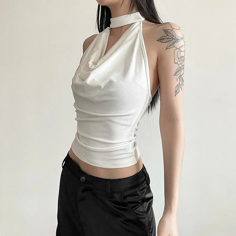 2024 Spring/Summer Collection Stacked Collar Heart Machine Backless Hanging Neck Tank Top Street Style Versatile Sleeveless Top