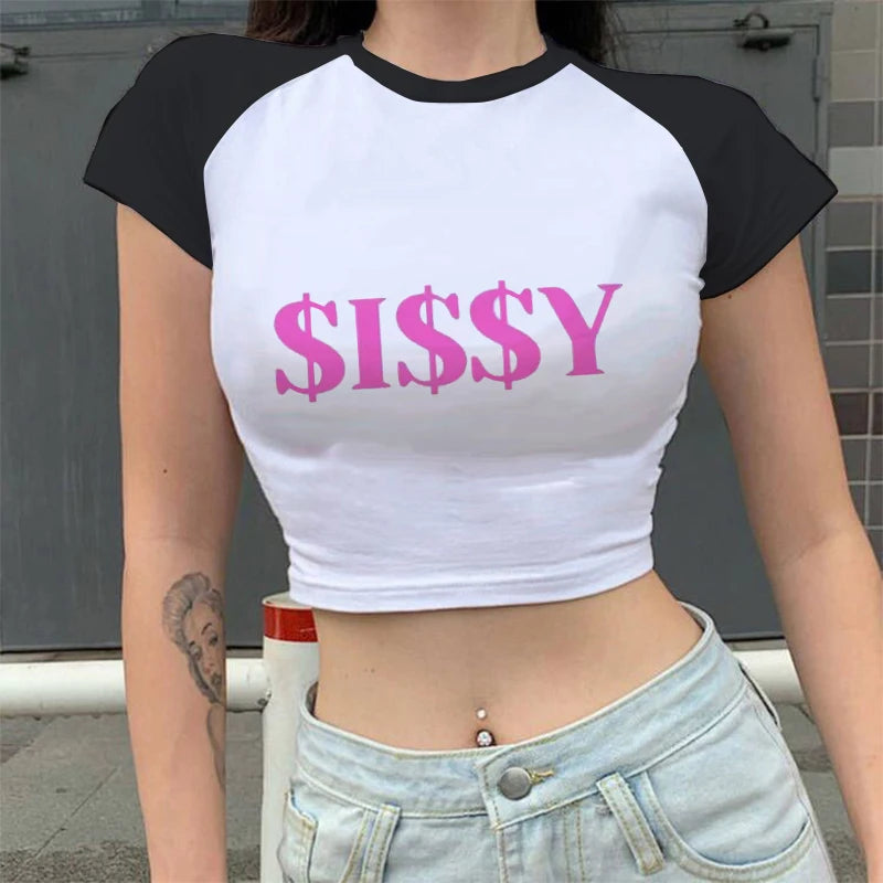 Camiseta estampada com letras SISSY de verão, camiseta feminina sexy, roupas kawaii, moda feminina, camisas curtas para meninas, camiseta, roupas de rua