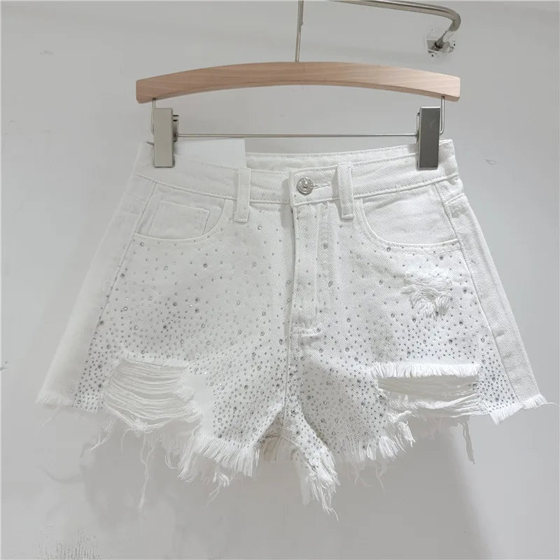 YEAE Heavy Industry Hot Diamond Denim Shorts Women's  New High Waist Skinny Spice Girl Ripped Burr Edge Wide Leg Hot Pants Tide