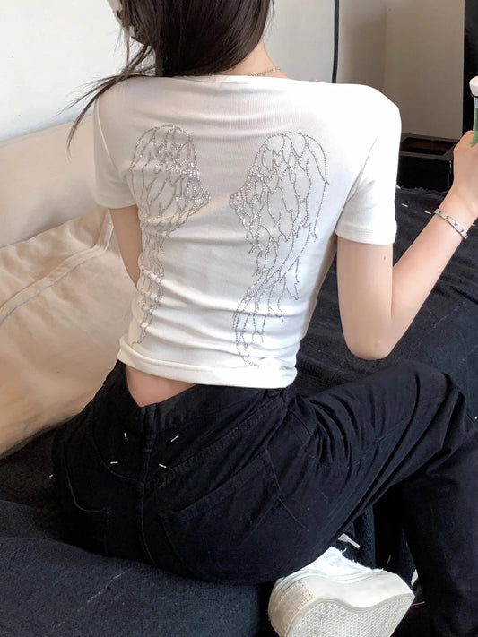 Deeptown Korean Fashion Cropped T Shirts Women Casual Vintage Y2k Wing Graphic Tops Kpop Diamond Sweet Short Sleeve Tees Summer