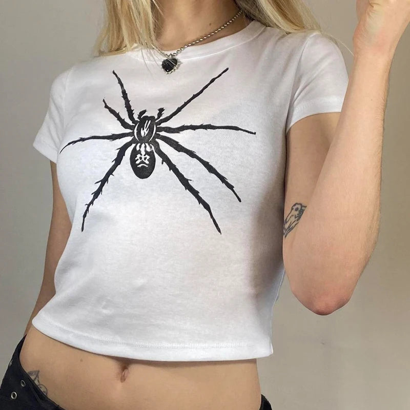 Retro Gothic T-shirt Women's Y2k Black Punk Pattern T-shirt Grunge Retro Sexy V-neck T-shirt Aesthetic Harajuku Top Spider Print