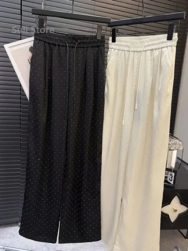 2024 Novas Calças Femininas Primavera Verão Alta Qualidade Beading Soltas Calças Retas Pantalones Mujer Moda Coreana Streetwear