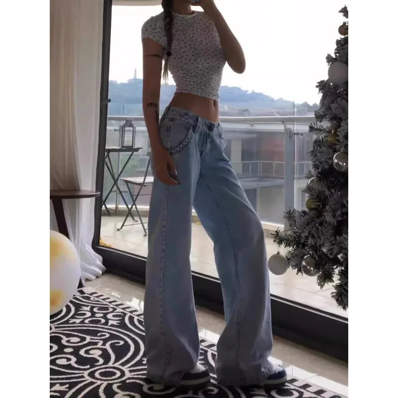 Women Autumn Winter Simplicity Loose Solid Color High Waist Appear Thin Wide Leg Women Clothes Fashion All-match Cowboy Pants