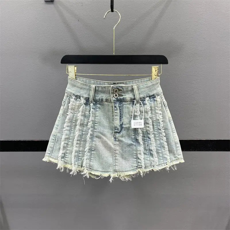 retro fringe patchwork striped A-line denim skirt for women with rough edges, spicy girl A-line ultra short anti glare skirt