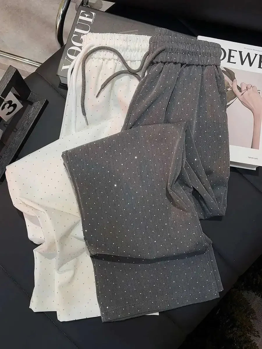 Verão Novas Mulheres Calças Diamante Reta Cintura Alta Casual Cordão Cintura Elástica Pantalones Beading Preto Calças Retas