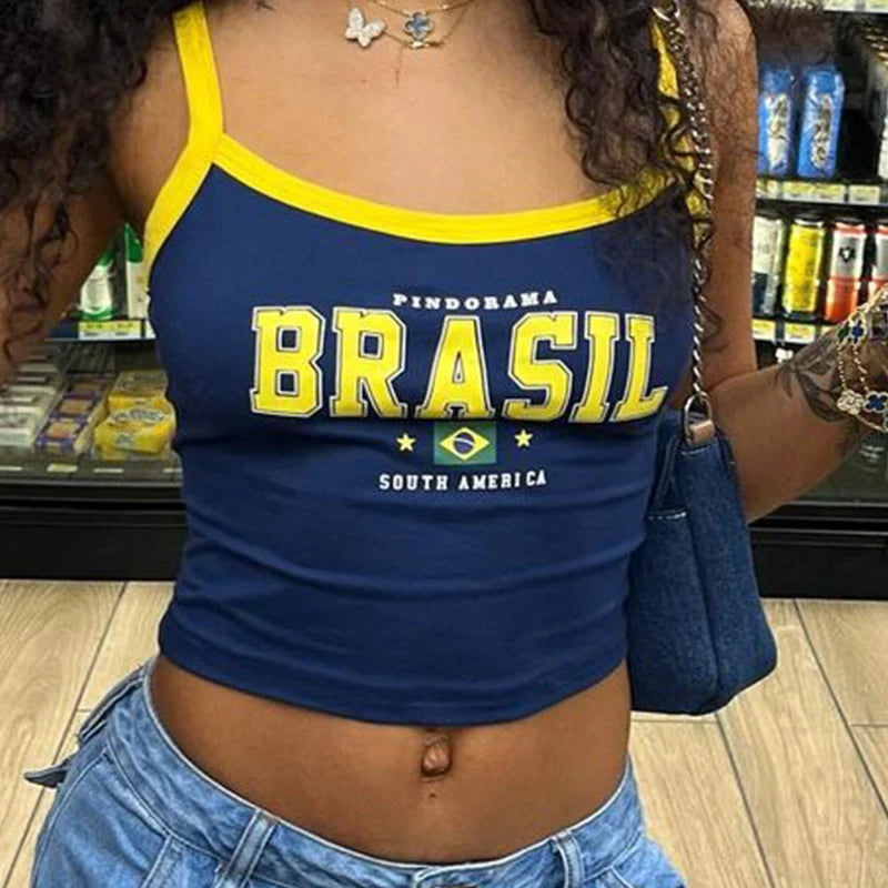 Gótico Vintage Estética Brasil Estampa Camisola Tops Casual Slim Sexy Menina Moda Feminina Streetwear Y2K Harajuku Crop Top Camis