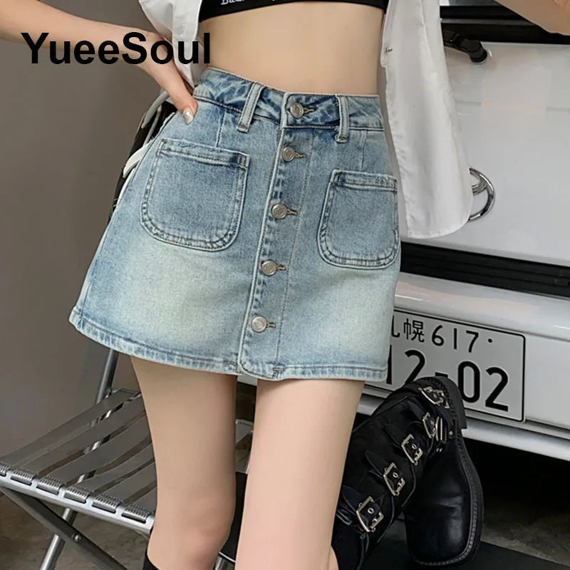 Blue Denim Skirt  A-Line High Waist Mini Skirt 2024 New Summer Y2K 2000s High Street Sexy Kawaii Cute Skirts for Women