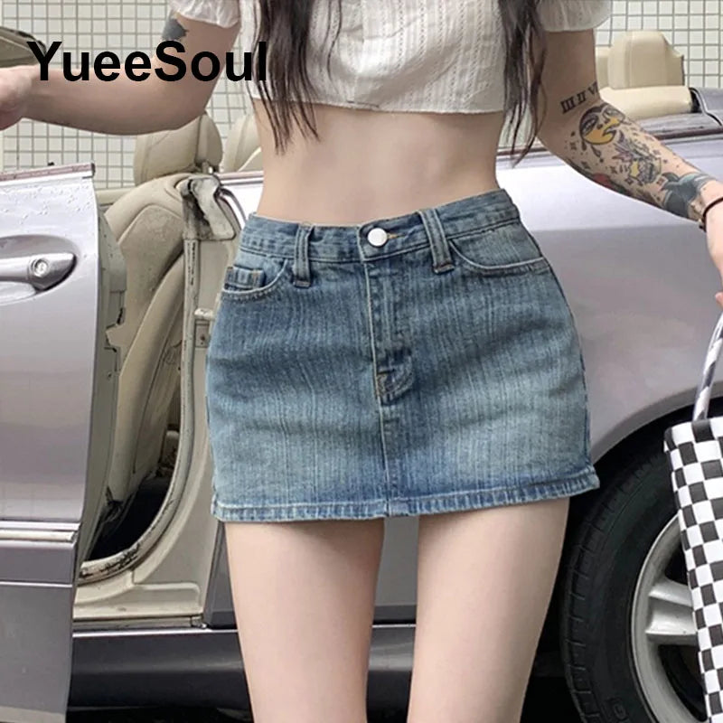 Blue Denim Skirt  A-Line High Waist Mini Skirt 2024 New Summer Y2K 2000s High Street Sexy Kawaii Cute Skirts for Women