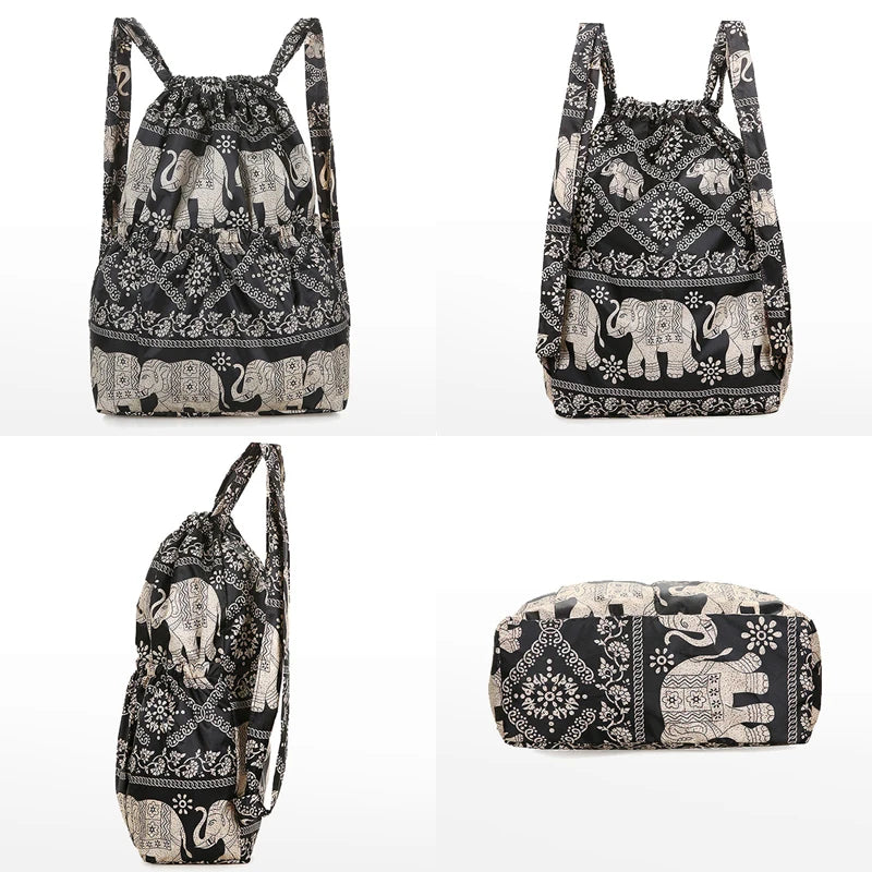 Mochila feminina com cordão, leve, de nylon, à prova d'água, grande capacidade, com cordão, bolsa de viagem, fitness, esportiva