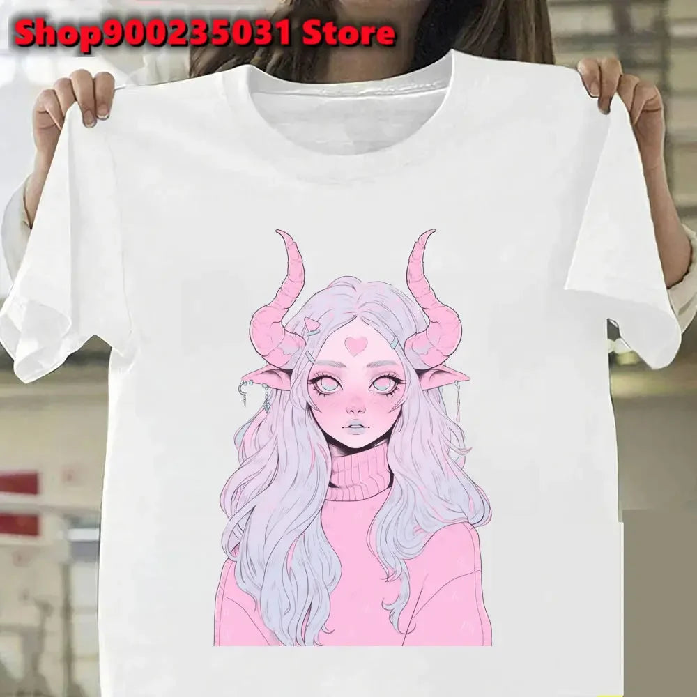 New Pink Demon Girl T-Shirt Streetwear Y2k Graphic Angel T-Shirt Harajuku Summer Women Aesthetic Oversized Outfit Tee Shirt