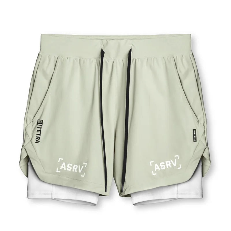 Masculino Academia 2 em 1 Secagem rápida Shorts casuais de dois andares Jogging Fitness Basquete Calças curtas Calças masculinas de treino esportivo de verão