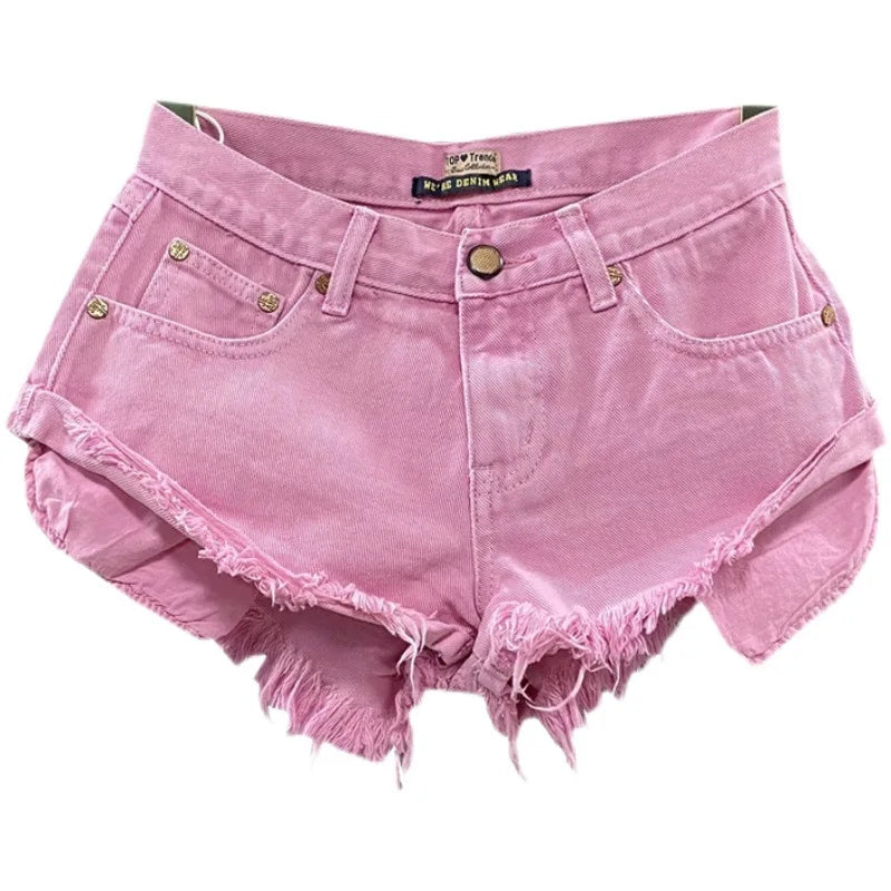 New Women Pink Low Waist Hole Ripped Personalized Low Waisted Denim Shorts Jeans Wide Leg Hot Pants