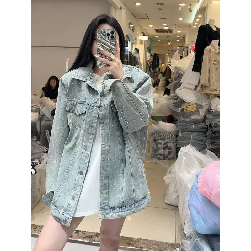 2024 Spring New Denim Jacket Women's Loose-Fit Versatile Casual Age-Reducing Diamond-Embellished Jacket Top