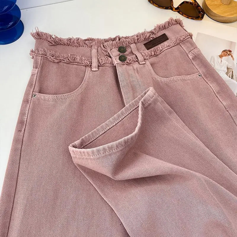 Jeans rosa estilo coreano feminino primavera outono cintura alta borda crua calças jeans retas simples suaves calças largas combinadas