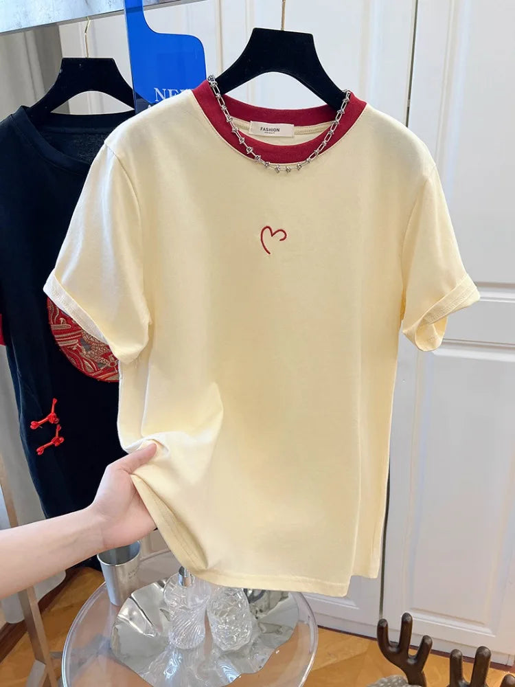 Ins Simple Style Little Heart Embroidery Lady T-shirt 2024 Harajuku Streetwear Chic Female Top Y2k New Summer Fashion Casual Tee